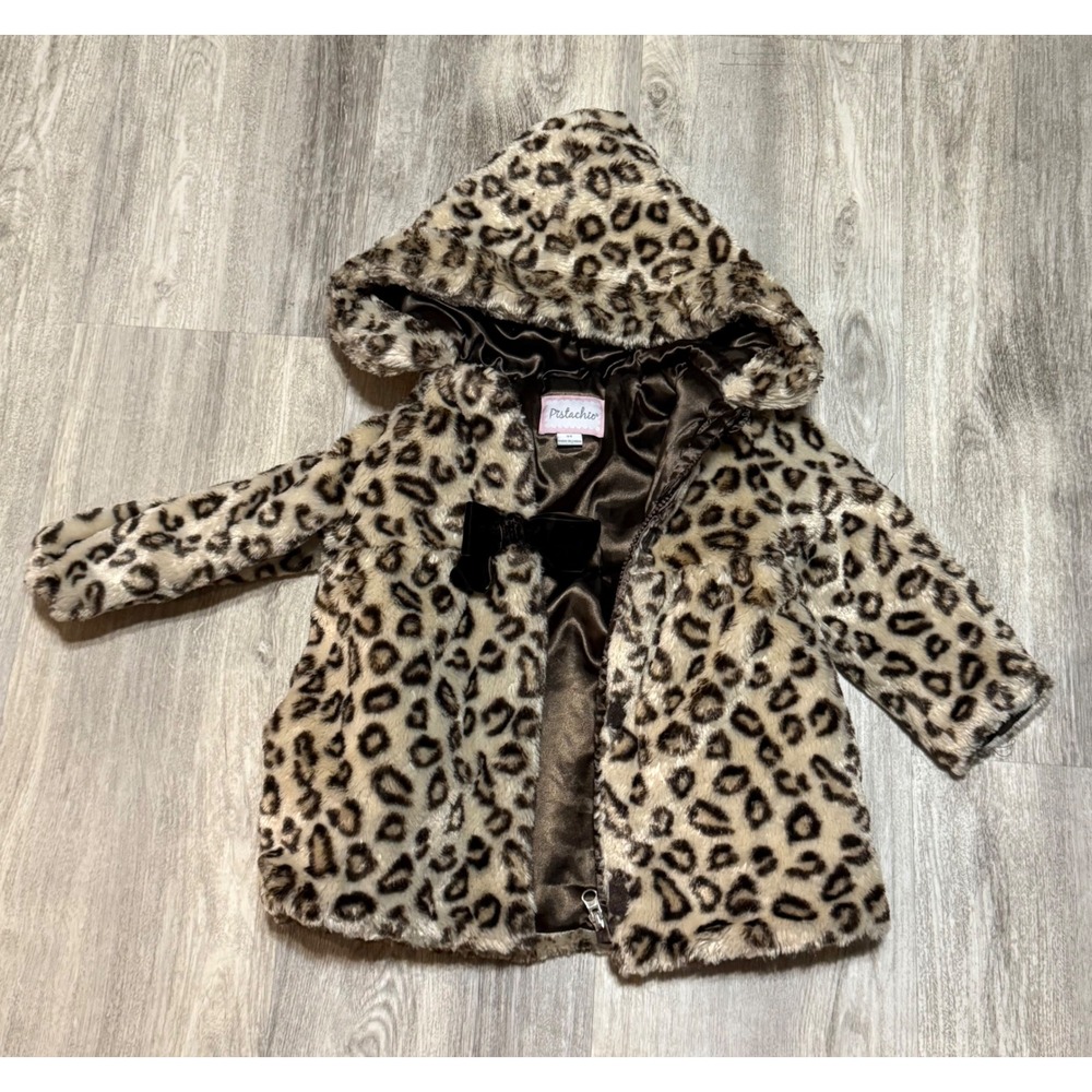 Pistachio Girls Leopard Print Faux Fur Hooded Coat Brown Tan Velvet Bow Size 3T‎